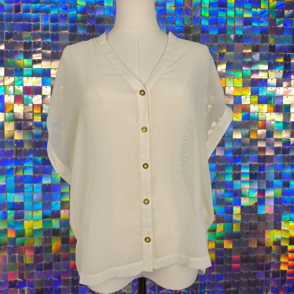 Bebe Button Up Blouse Womens Medium Cream Excellent Sheer Dolman Sleeve‎ Top